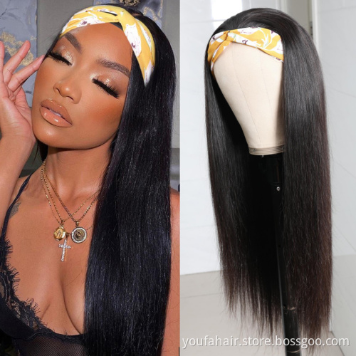 African American Headband Wig For Black Women Cuticle Aligned Straight Wig Human Natural Hair Half Wig With Headband Attached